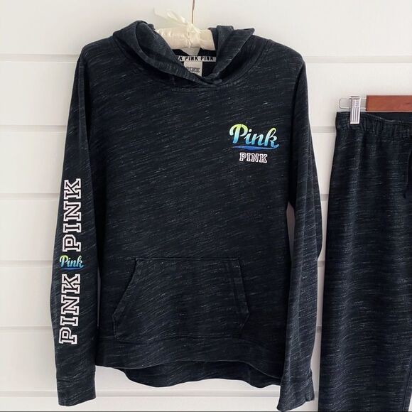 VS PINK RARE High Low Marl Grey Ombré Script Logo Hoodie & Joggers Matching Set - Picture 3 of 10